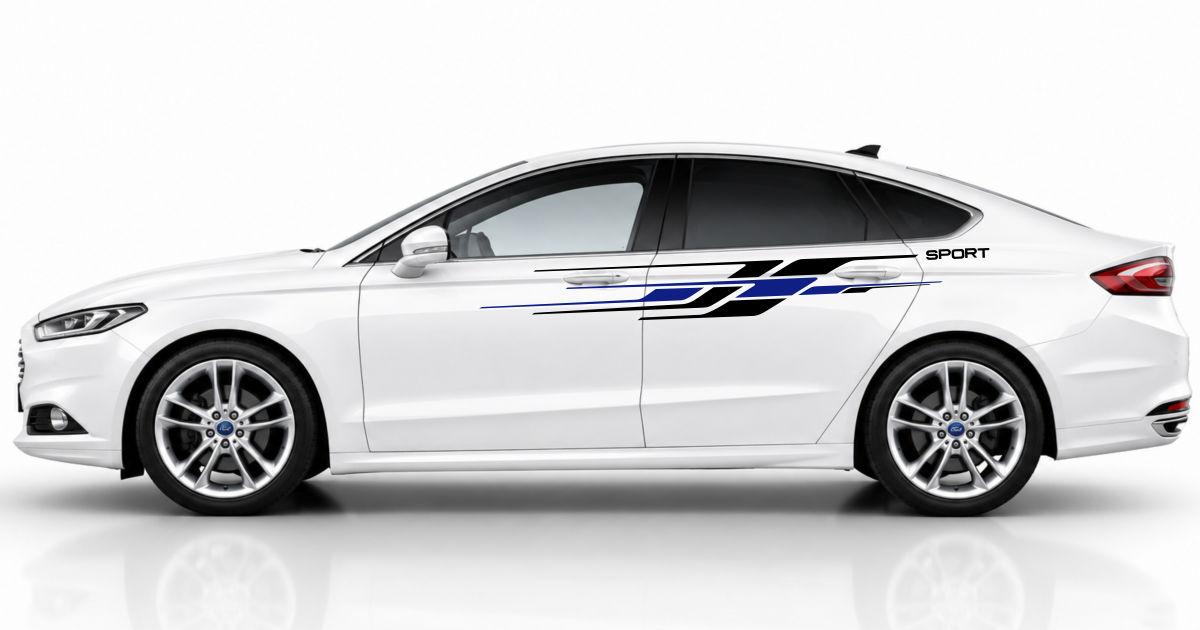 Seitendekor für Autos in Schwarz und Blau auf einem weißen Ford Mondeo