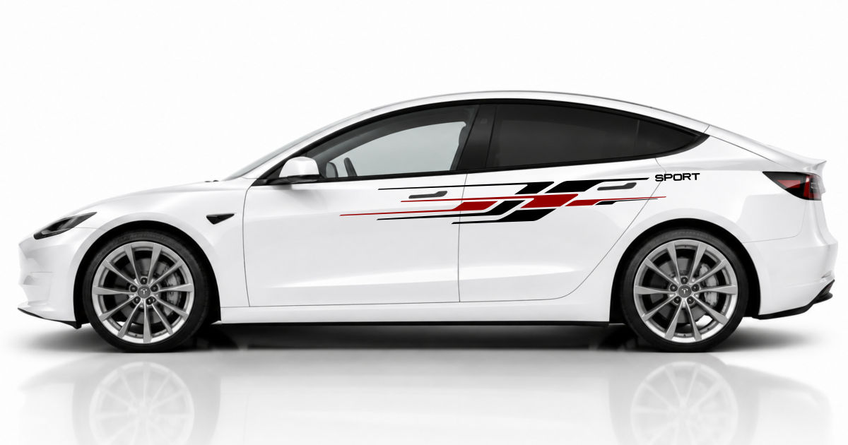 Seitendekor für Autos in Schwarz und Dunkelrot auf einem weißen Tesla Model 3