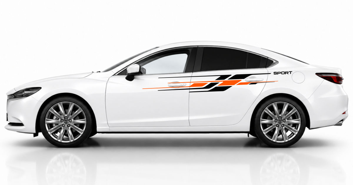 Seitendekor für Autos in Schwarz und Orange auf einem weißen Mazda 6