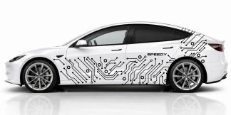 Seitendekor für PKW in Schwarz auf einem weißen Tesla Model 3