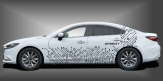 Seitendekor für PKW als sportliche und kreative Dekorfolie in Schwarz auf weißem Mazda 6