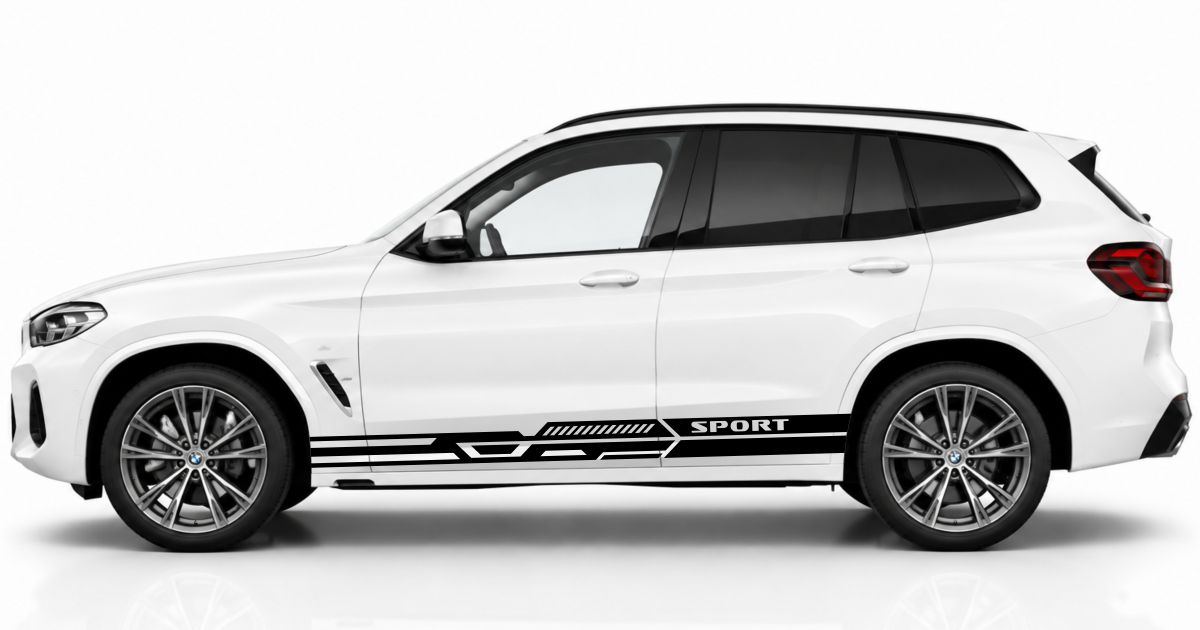 Seitendekor für SUV in Schwarz auf einem weißen BMW X3