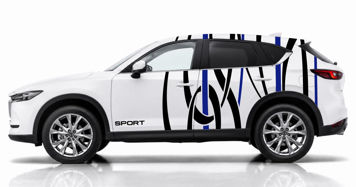 Seitendekor SUV in Schwarz und Blau auf einem weißen Mazda CX-5
