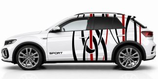 Seitendekor SUV in Schwarz und Dunkelrot auf einem weißen VW T-Roc