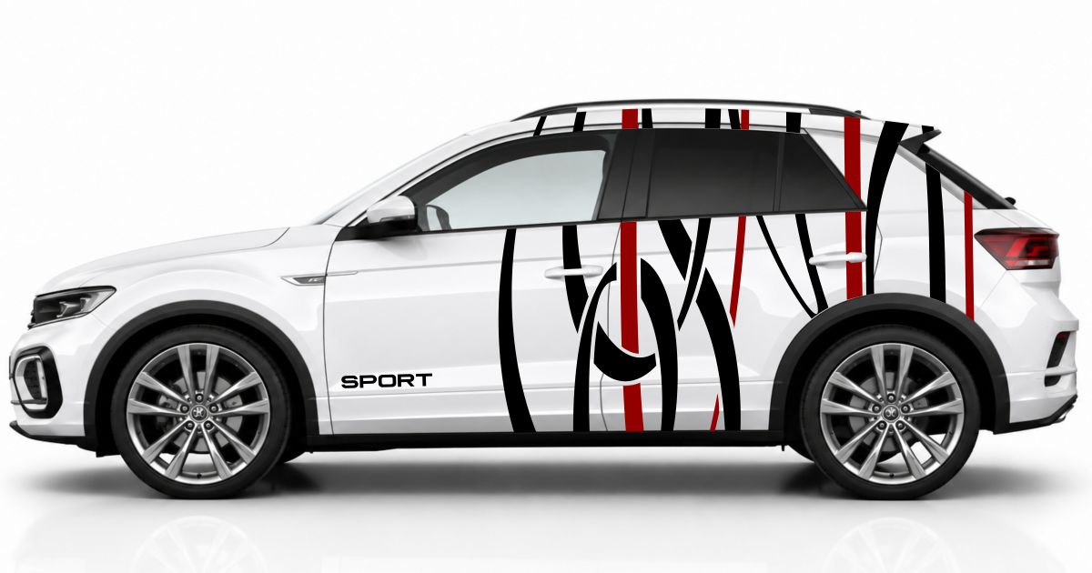 Seitendekor SUV in Schwarz und Dunkelrot auf einem weißen VW T-Roc