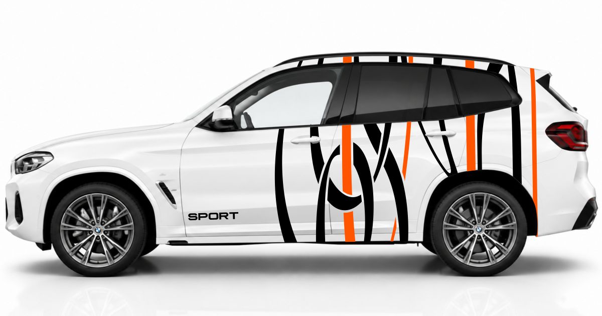 Seitendekor SUV in Schwarz und Orange auf einem weißen BMW X3