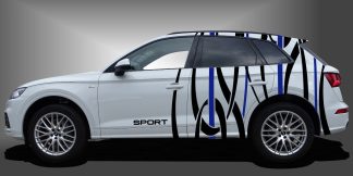 Seitendekor SUV als sportlicher und origineller Autostreifen in Schwarz und Blau auf weißem Audi Q5