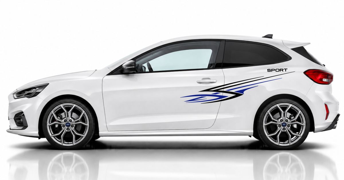 Seitenstreifen A3 in Schwarz und Blau auf einem weißen Ford Focus