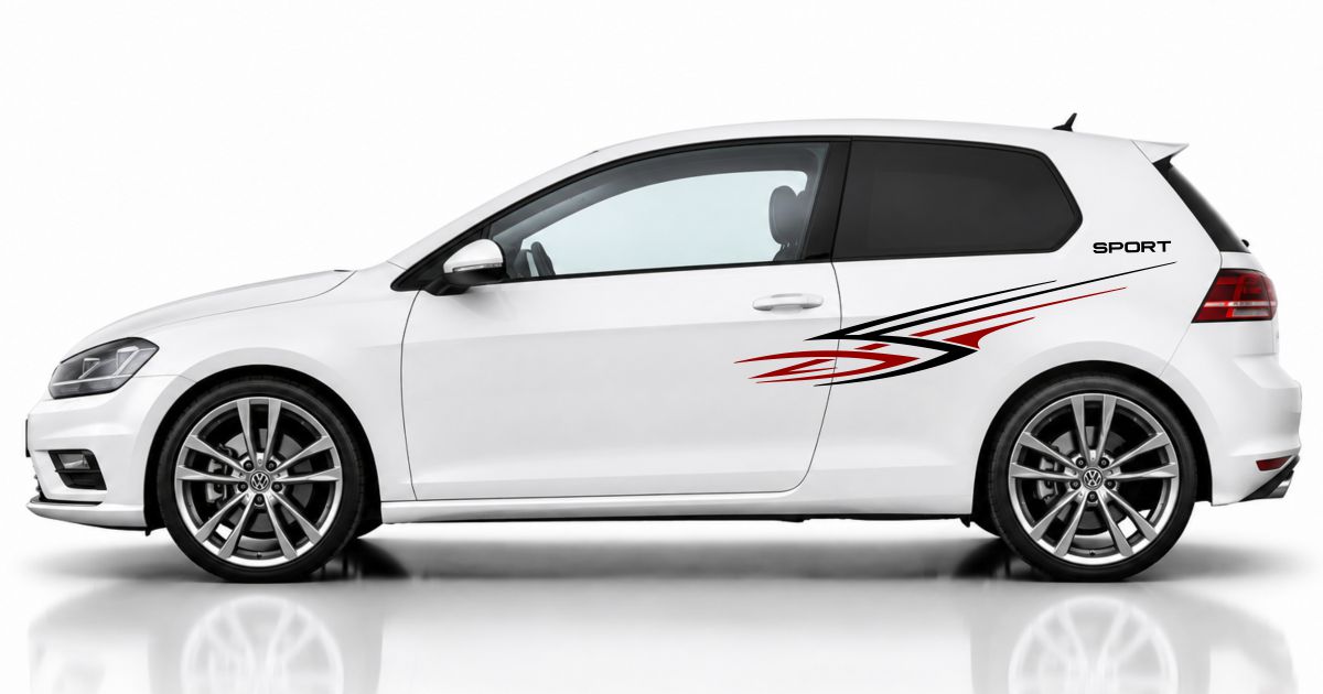 Seitenstreifen A3 in Schwarz und Dunkelrot auf einem weißen VW Golf 7