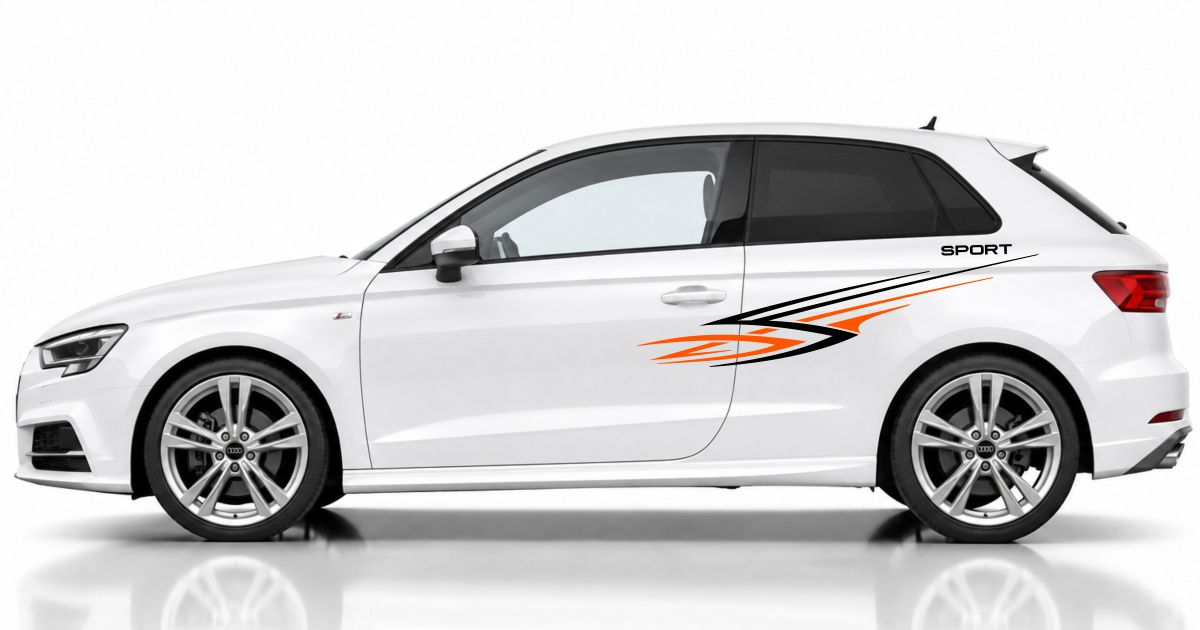 Seitenstreifen A3 in Schwarz und Orange auf einem weißen Audi A3 Sportback
