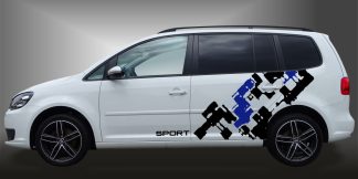 Seitenstreifen Dekor in Schwarz und Blau auf weißem VW Touran