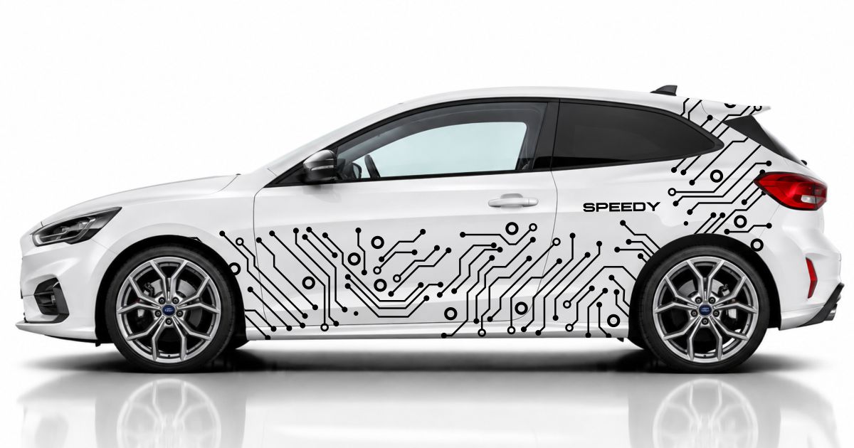 Seitenstreifen in Schwarz auf einem weißen Ford Focus