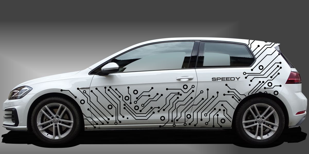 Seitenstreifen als sportlicher und cooler Racing-Streifen in Schwarz auf weißem VW Golf 7