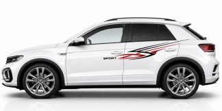 Seitenstreifen X1 in Schwarz und Dunkelrot auf einem weißen VW T-Roc