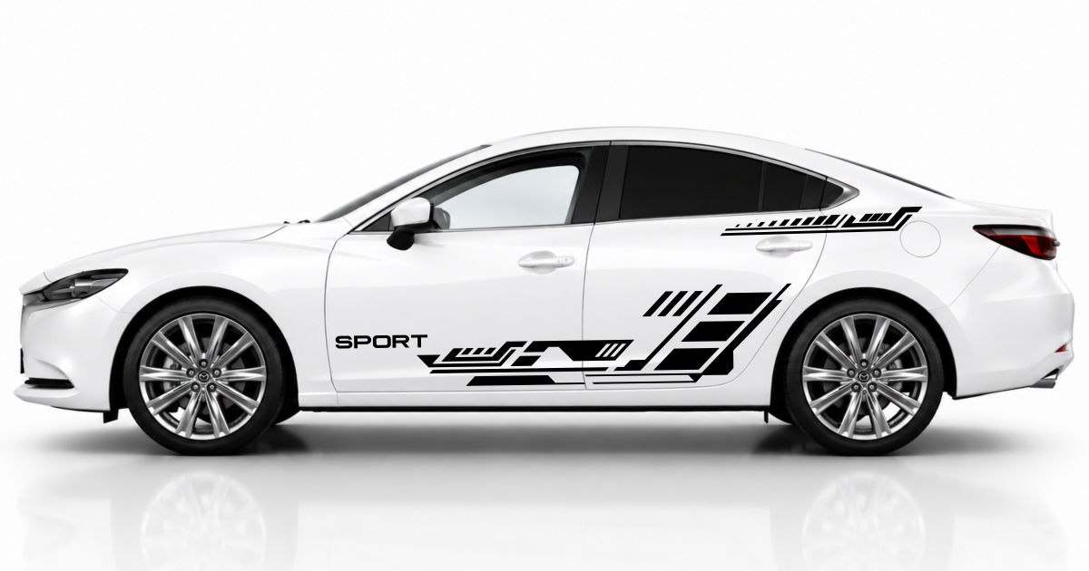 sportliche Autoaufkleber in Schwarz auf einem weißen Mazda 6