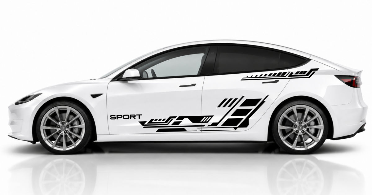 sportliche Autoaufkleber in Schwarz auf einem weißen Tesla Model 3