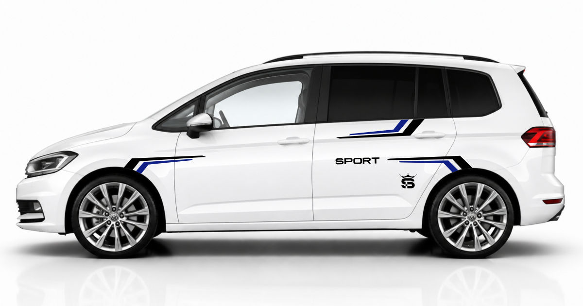 sportliche Rallyestreifen in Schwarz und Blau auf einem weißen VW Touran