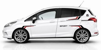 sportliche Rallyestreifen in Schwarz und Dunkelrot auf einem weißen Ford B-Max