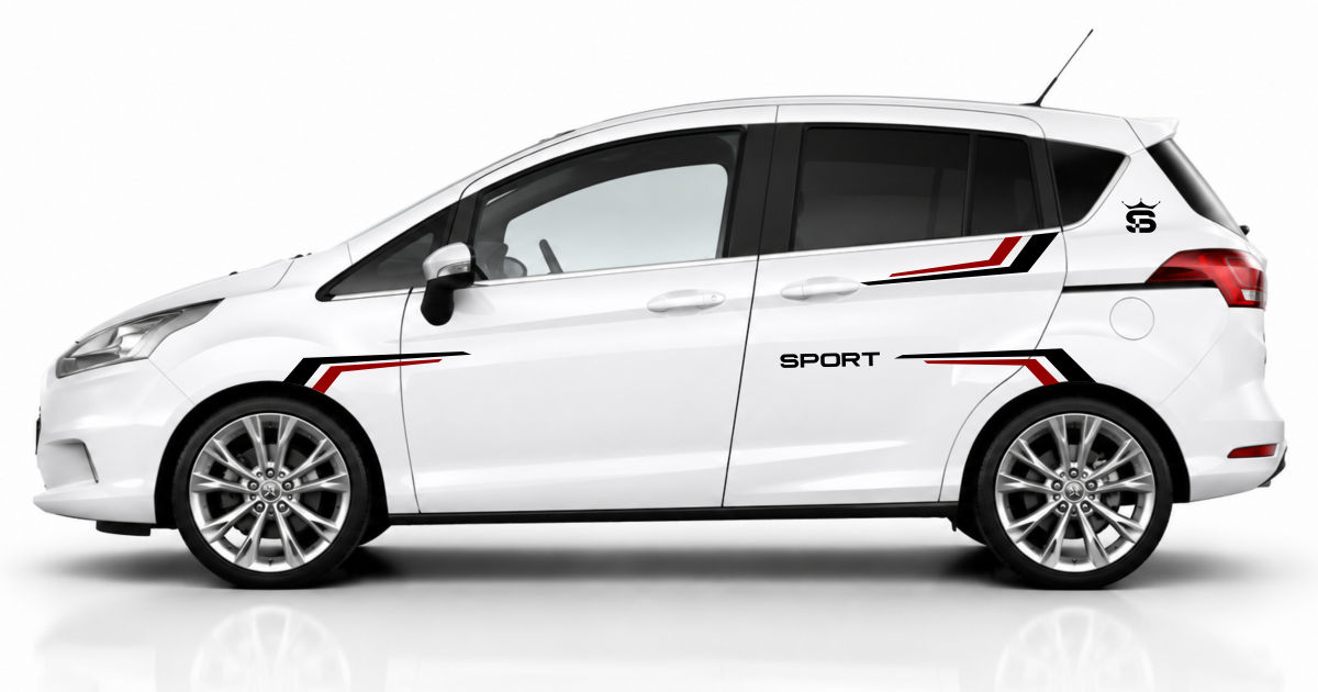 sportliche Rallyestreifen in Schwarz und Dunkelrot auf einem weißen Ford B-Max