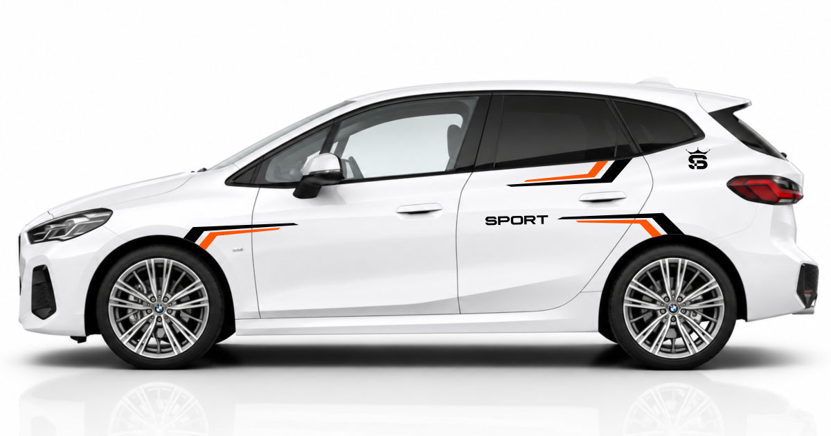 sportliche Rallyestreifen in Schwarz und Orange auf einem weißen BMW 2er Active Tourer