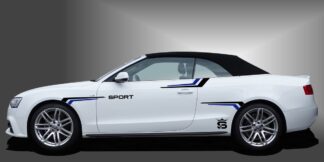 sportliche Rallystreifen in Schwarz und Blau auf weißem Audi A3 Cabrio