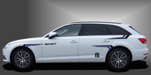 sportliche Seitenaufkleber in Schwarz und Blau auf weißem Audi A4 Avant