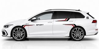 sportliche Seitenaufkleber in Schwarz und Dunkelrot auf einem weißen Golf 8 Variant