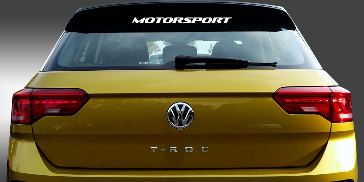 Sticker Aufkleber Frontscheibe als origineller und cooler Auto-Sticker in Weiß auf dunkelgrauer Heckscheibe