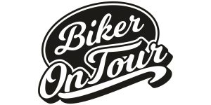 Sticker Biker on Tour als origineller und ausgefallener Carsticker in Schwarz auf weißer glatter Fläche