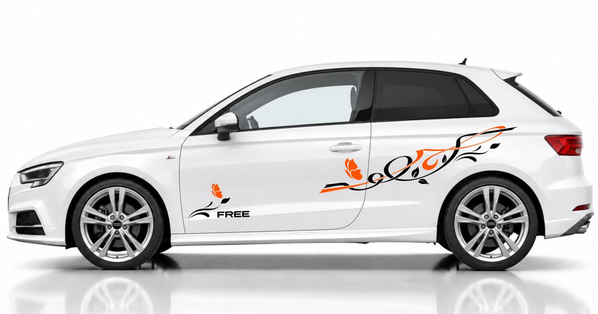 Sticker Blumen in Schwarz und Orange auf einem weißen Audi A3 Sportback