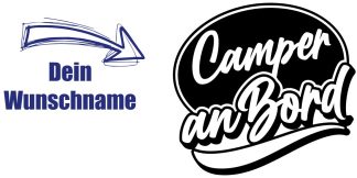 Sticker Camper an Bord als originelles und ausgefallenes Car-Tattoo in Schwarz auf weißer glatter Fläche