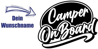 Sticker Camper on Board als originelles und kreatives Aufkleber-Motiv in Schwarz auf weißer glatter Fläche