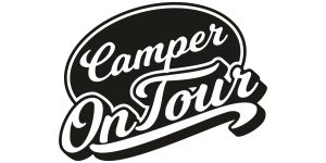 Sticker Camper on Tour als originelles und markantes Aufkleber-Motiv in Schwarz auf weißer glatter Fläche