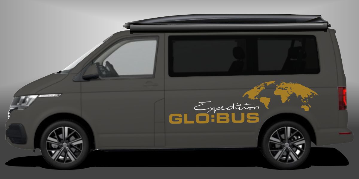 Sticker Campingbus als sportliches und exzellentes Auto-Design in Gold und Weiß auf dunkelgrauem VW T6