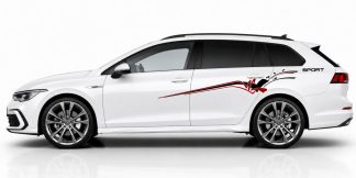 Sticker Design in Schwarz und Dunkelrot auf einem weißen Golf 8 Variant