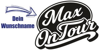 Sticker Max on Tour als origineller und attraktiver Auto-Aufkleber in Schwarz auf weißer glatter Fläche