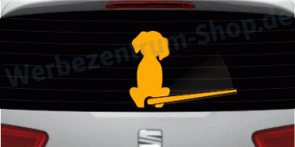Sticker Scheibenwischer Hund als originelles und cooles Stickermotiv in Dunkelgelb auf schwarzer Heckscheibe