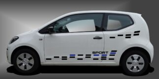 Stickers Set als sportliches und außergewöhnliches Autodekor in Schwarz und Blau auf weißem VW UP