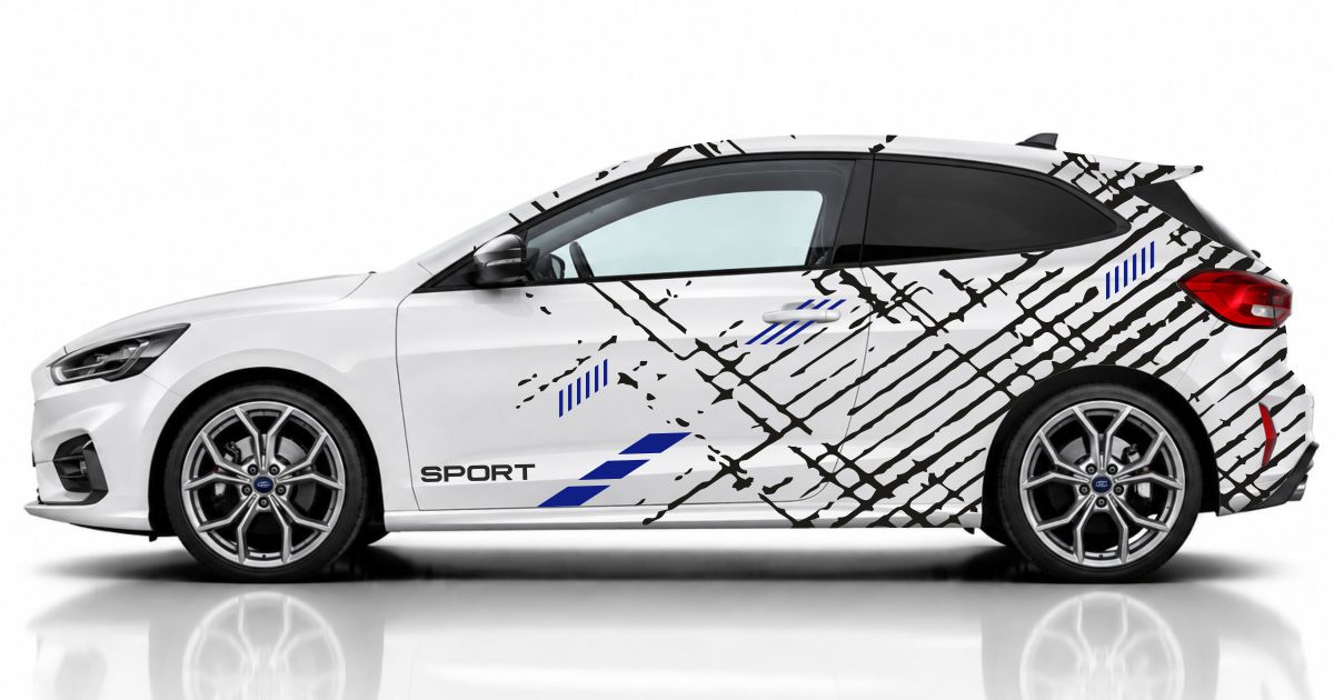Streifen Auto in Schwarz und Blau auf einem weißen Ford Focus