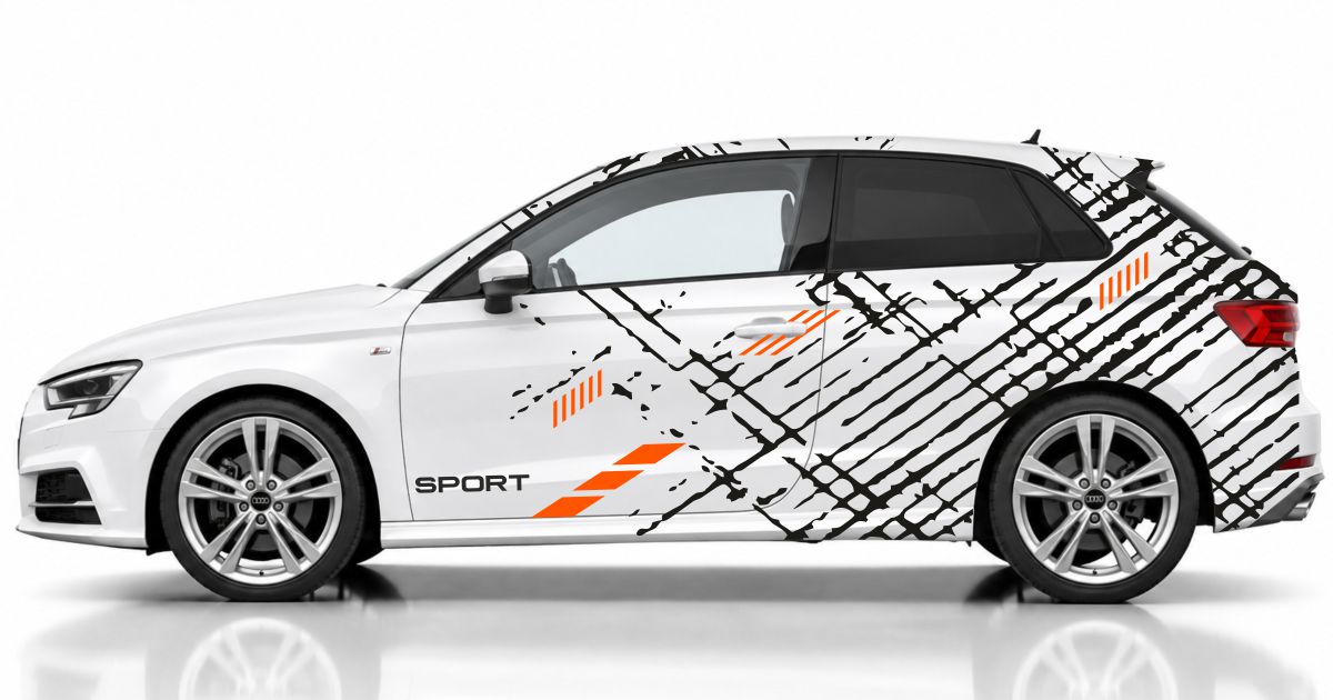 Streifen Auto in Schwarz und Orange auf einem weißen Audi A3 Sportback