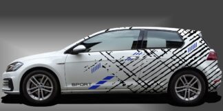 Streifen Auto als sportliche und hammermäßige Seitenbeklebung in Schwarz und Blau auf weißem VW Golf 7