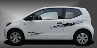 Streifenaufkleber in Schwarz und Blau auf weißem VW UP