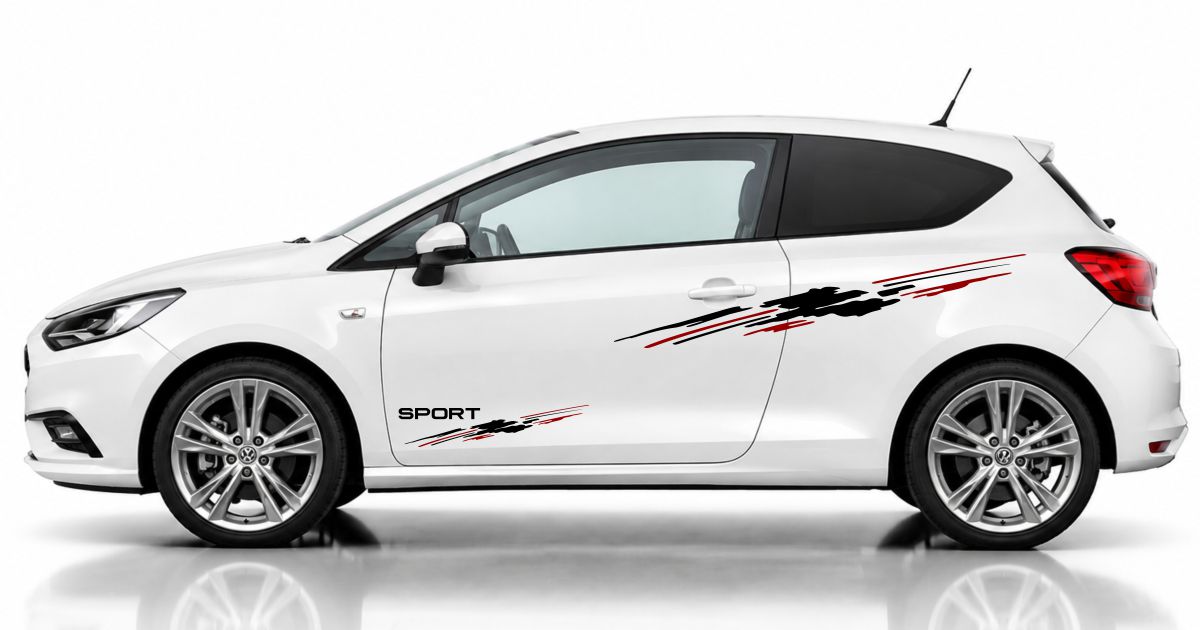 Streifenaufkleber in Schwarz und Dunkelrot auf einem weißen Opel Corsa