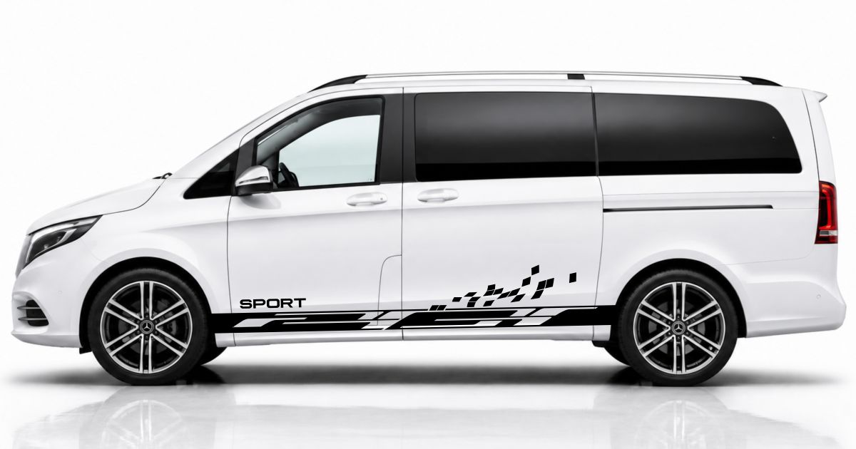 T6 Bus Auto Folie in Schwarz auf einem weißen Mercedes V-Klasse