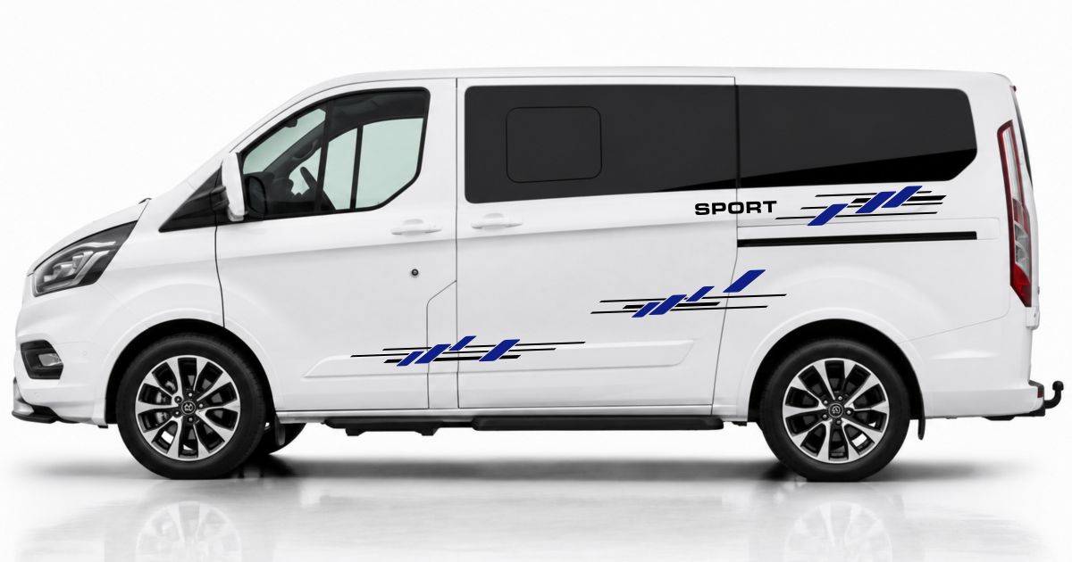 T6 Bus Auto Sticker in Schwarz und Blau auf einem weißen Ford Tourneo Custom