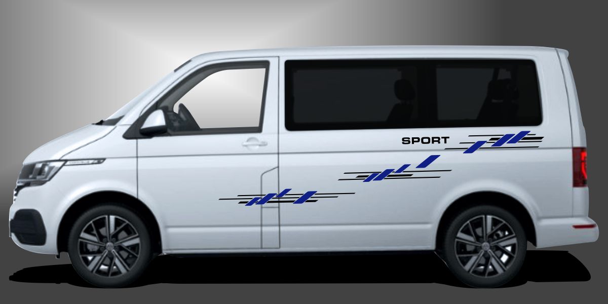 T6 Bus Auto Sticker in Schwarz und Blau auf weißem VW T6