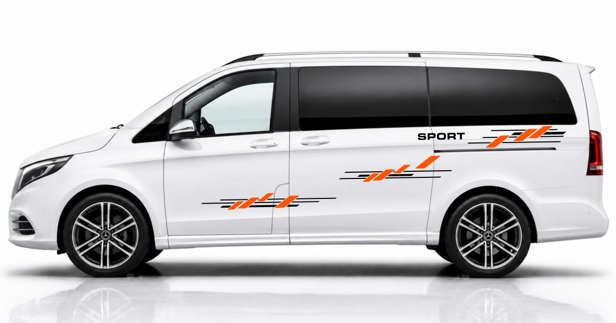 T6 Bus Auto Sticker in Schwarz und Orange auf einem weißen Mercedes V-Klasse