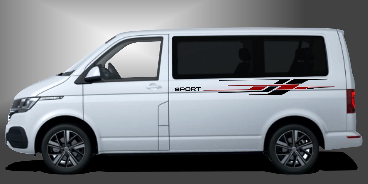 T6 Bus Autodesign in Schwarz und Dunkelrot auf weißem VW T6