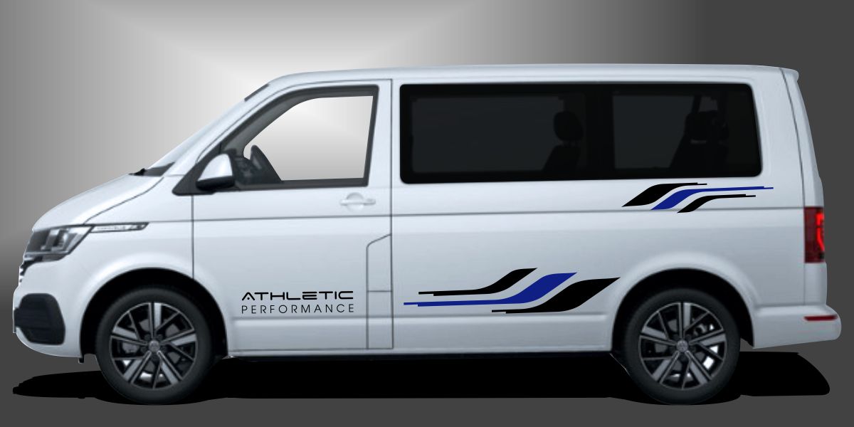 T6 Bus Dekor in Schwarz und Blau auf weißem VW T6