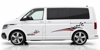 T6 Bus Design in Schwarz und Dunkelrot auf einem weißen VW T6